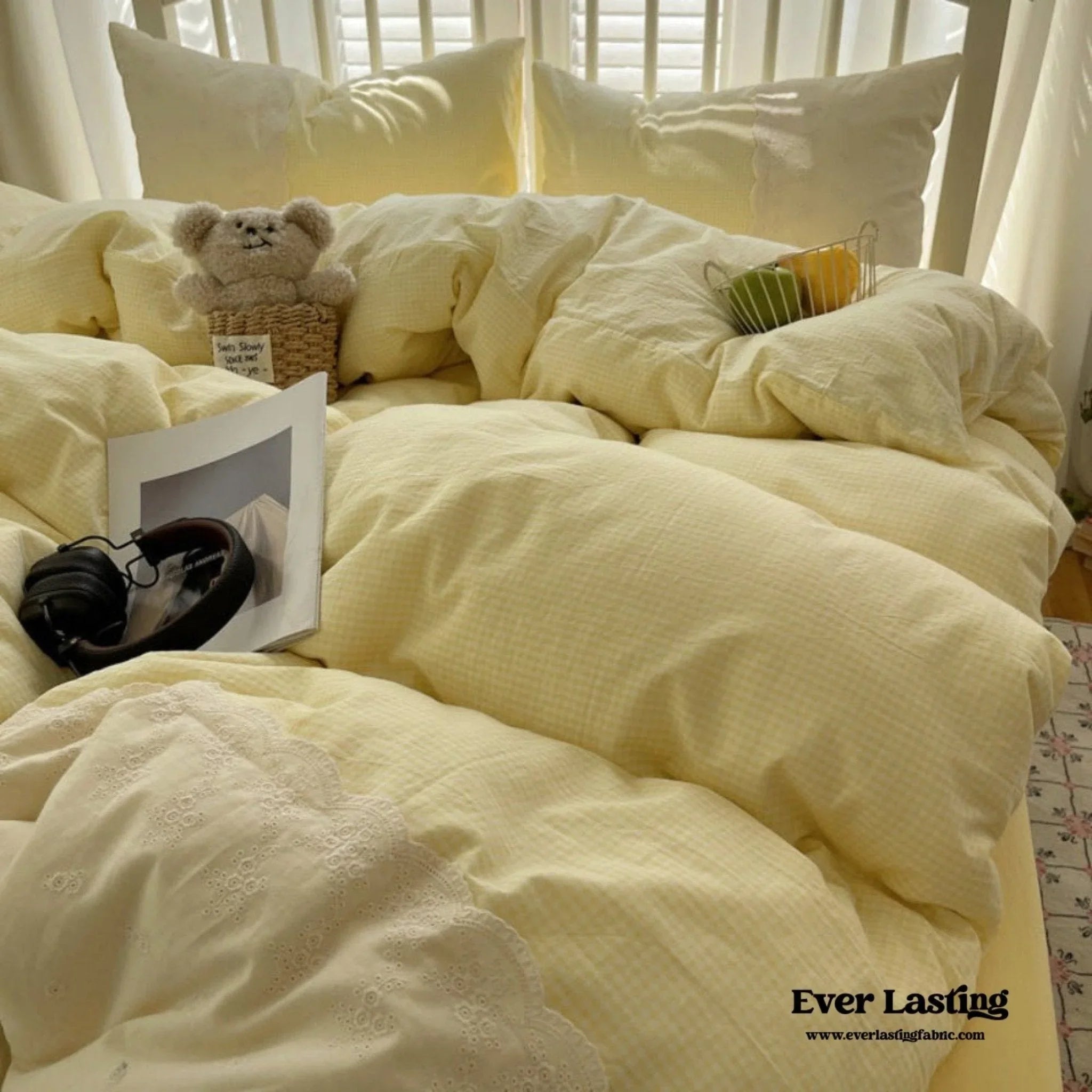 Sophia Gingham Lace Washed Cotton Bedding Set / Blue Ever Lasting