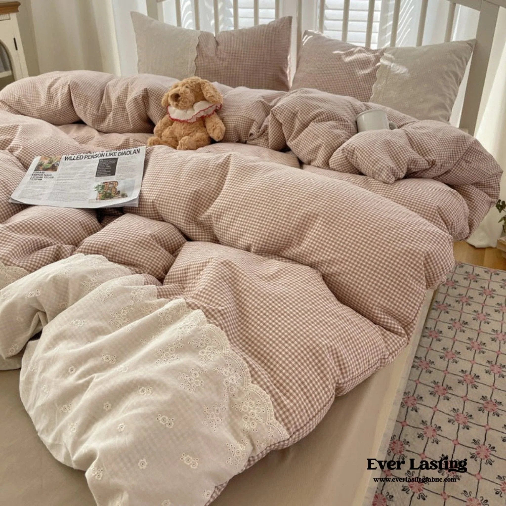 Sophia Gingham Lace Washed Cotton Bedding Set / Blue Ever Lasting