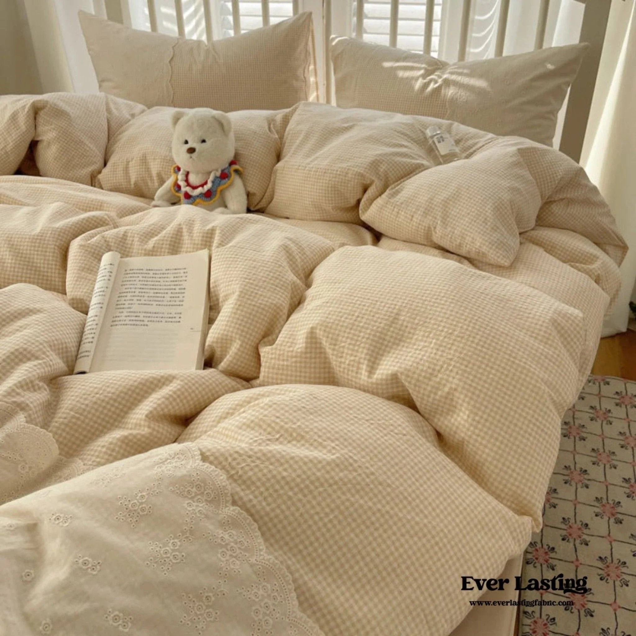 Sophia Gingham Lace Washed Cotton Bedding Set / Blue Ever Lasting