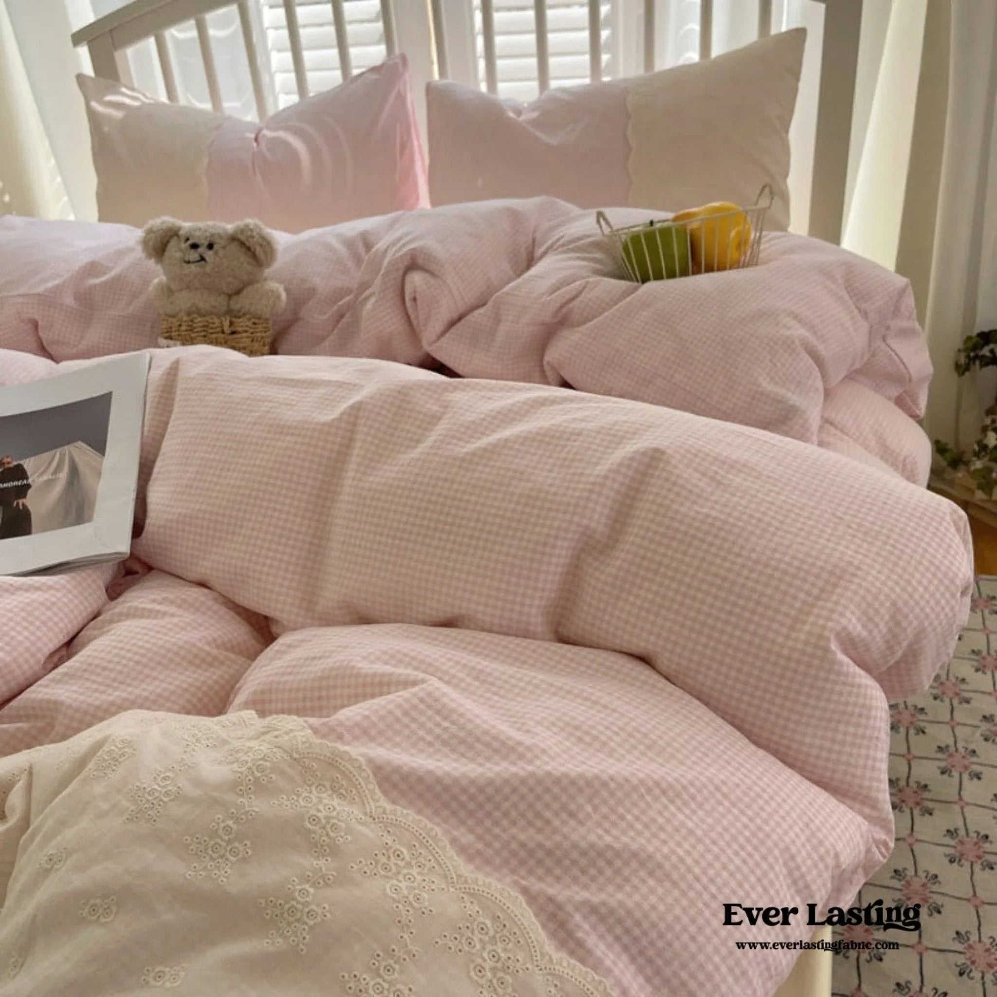 Sophia Gingham Lace Washed Cotton Bedding Set / Blue Ever Lasting