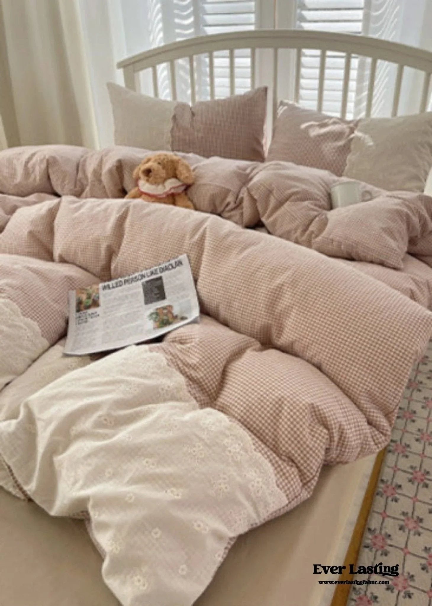 Sophia Gingham Lace Washed Cotton Bedding Set / Blue Ever Lasting