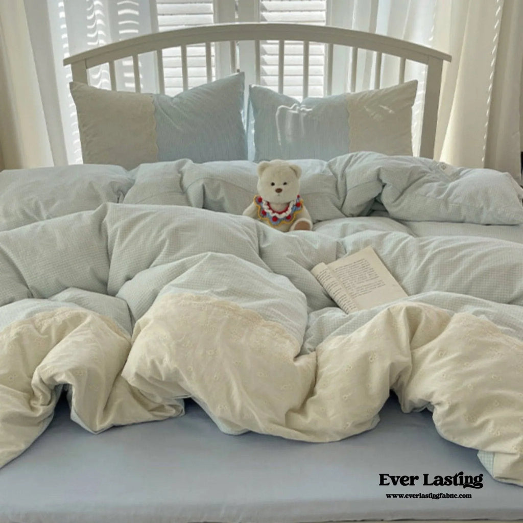 Sophia Gingham Lace Washed Cotton Bedding Set / Blue Ever Lasting