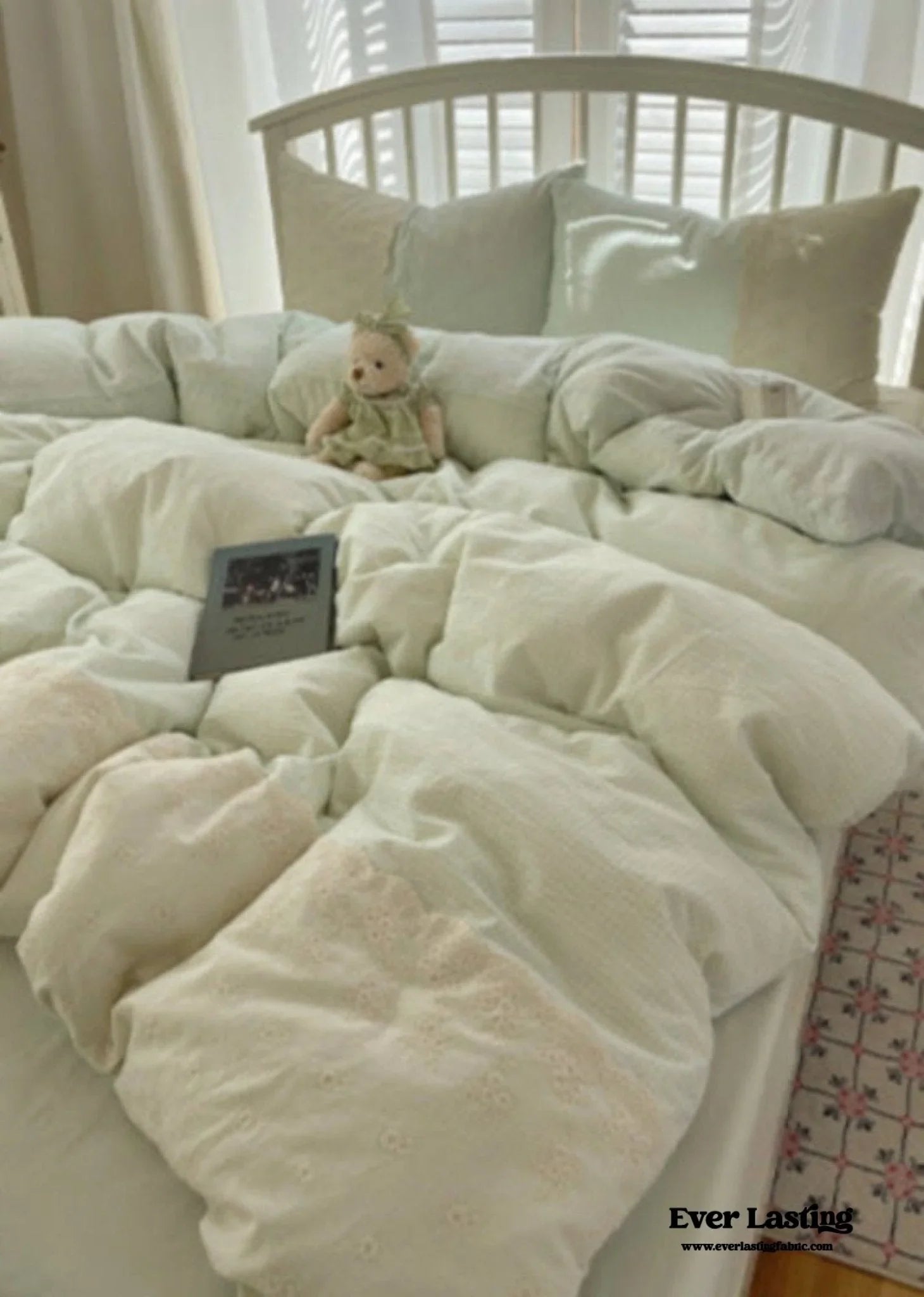 Sophia Gingham Lace Washed Cotton Bedding Set / Blue Ever Lasting