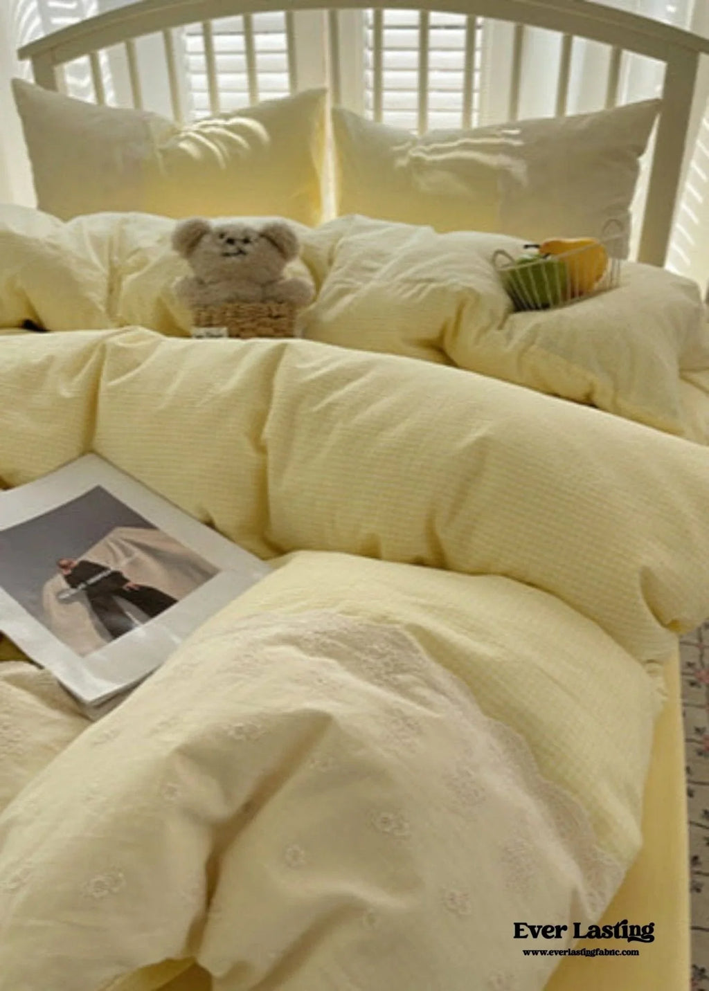 Sophia Gingham Lace Washed Cotton Bedding Set / Blue Ever Lasting