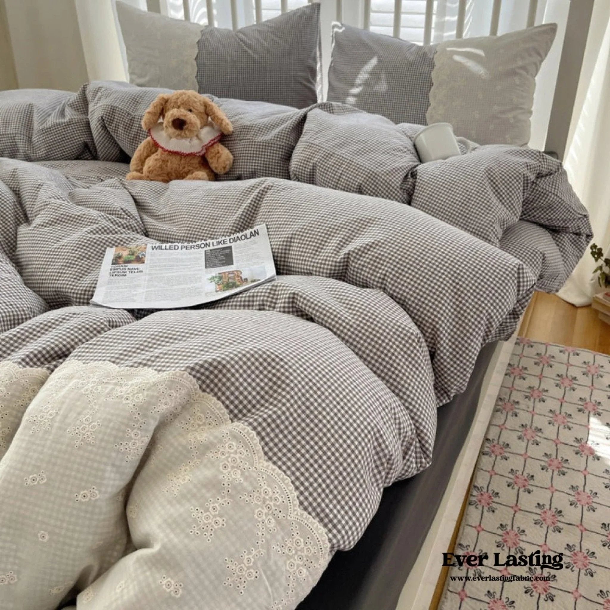 Sophia Gingham Lace Washed Cotton Bedding Set / Blue Ever Lasting