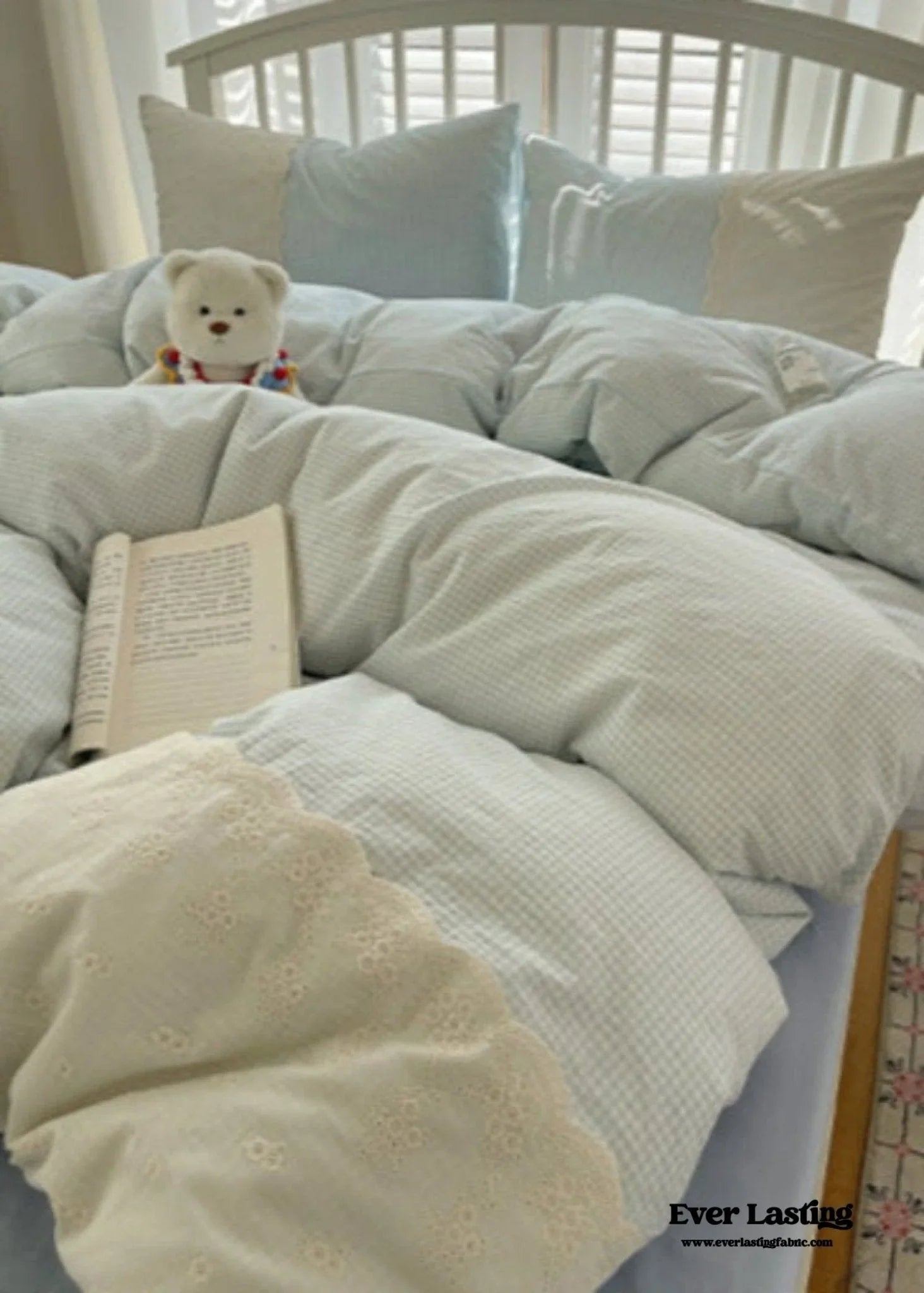 Sophia Gingham Lace Washed Cotton Bedding Set / Blue Ever Lasting