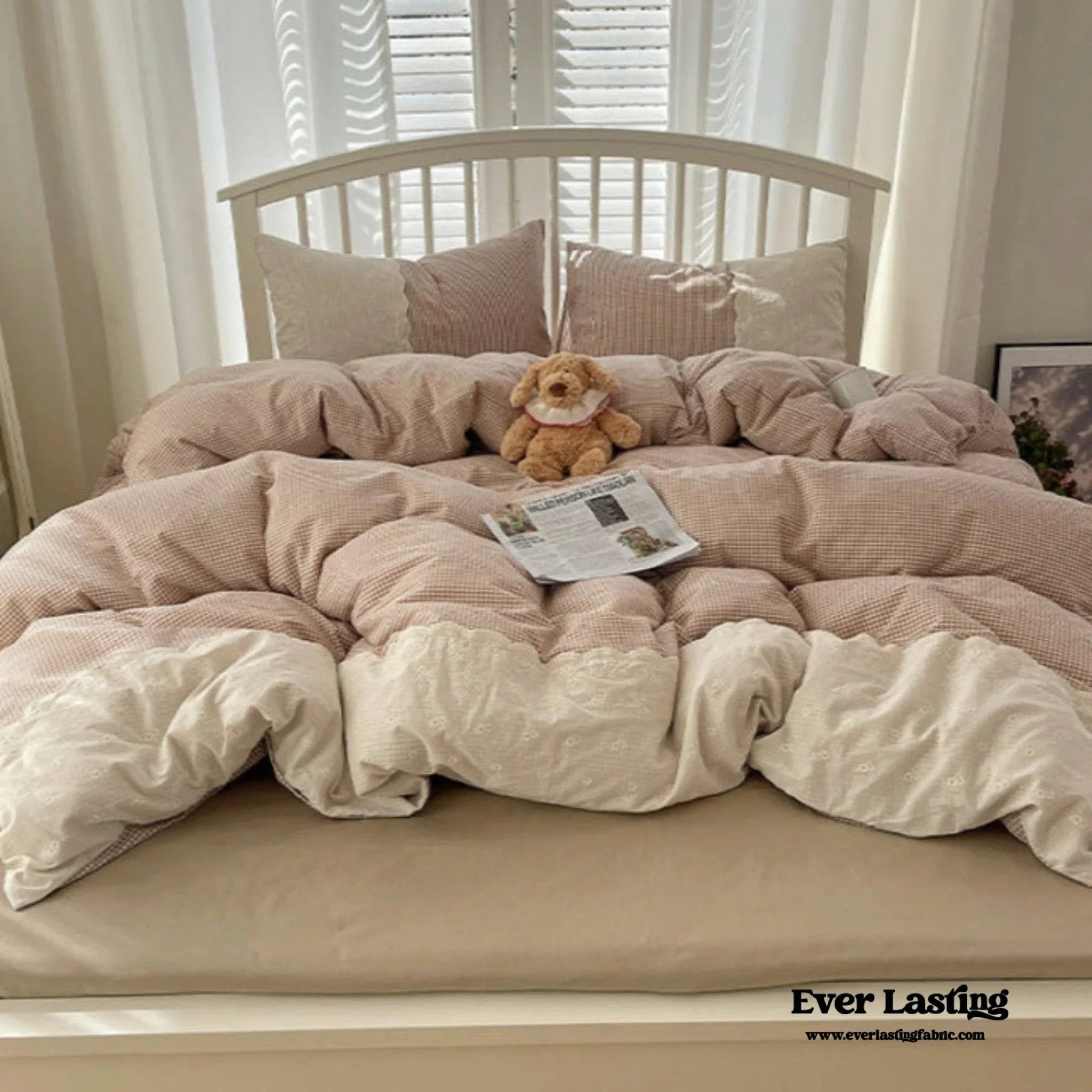 Sophia Gingham Lace Washed Cotton Bedding Set / Blue Ever Lasting