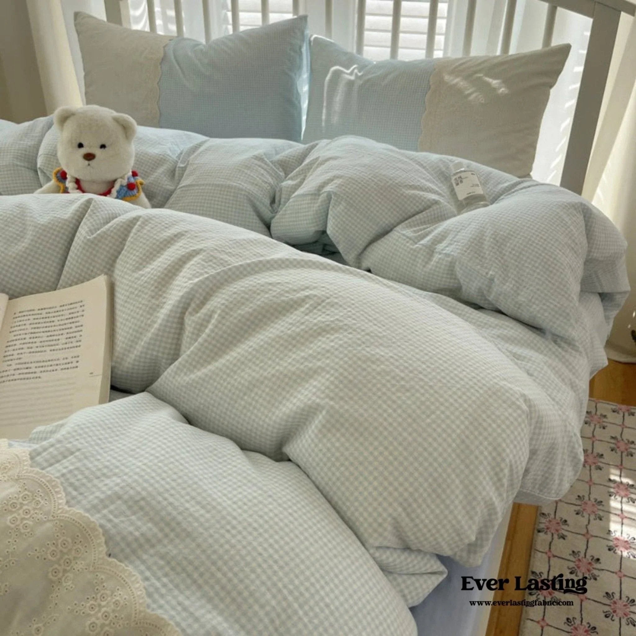 Sophia Gingham Lace Washed Cotton Bedding Set / Blue Ever Lasting