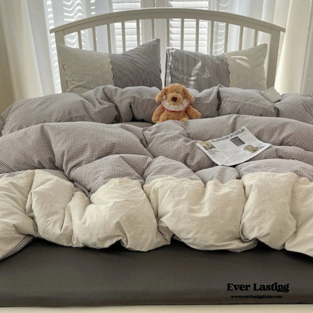 Sophia Gingham Lace Washed Cotton Bedding Set / Blue Ever Lasting