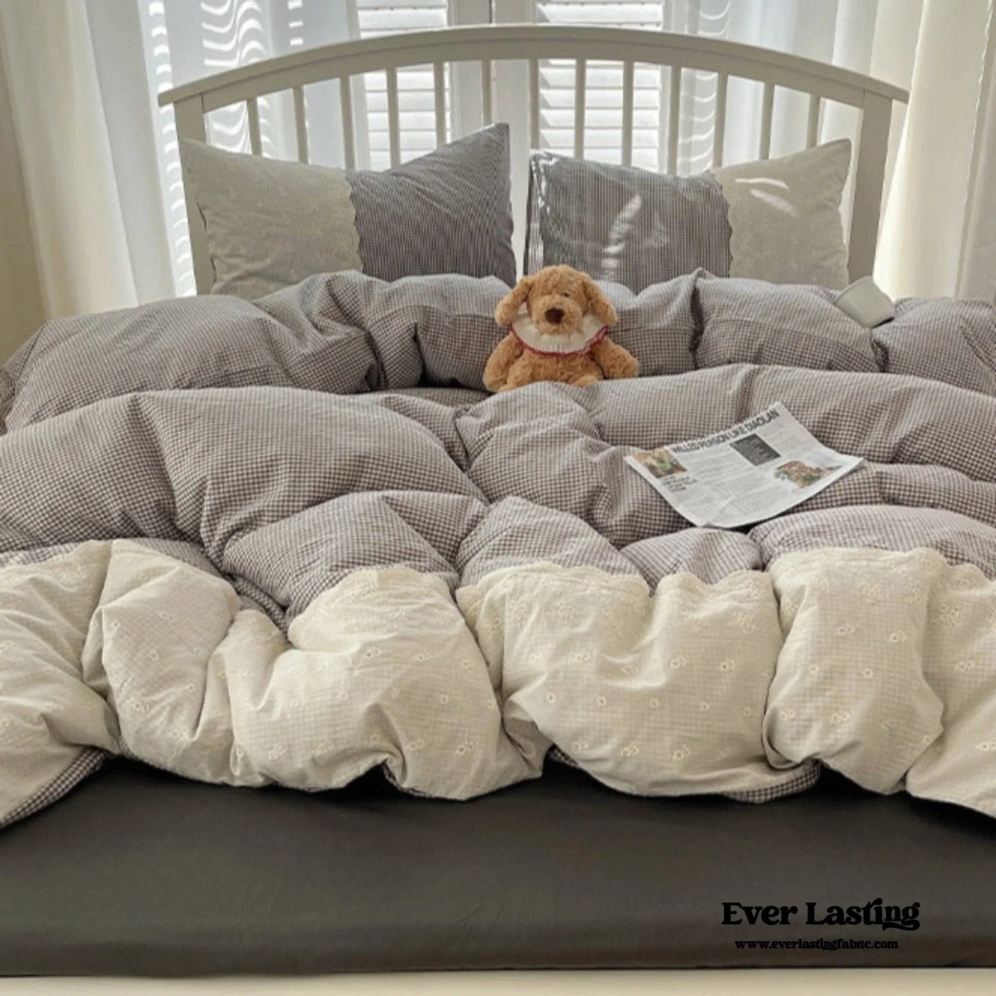 Sophia Gingham Lace Washed Cotton Bedding Set / Blue Ever Lasting