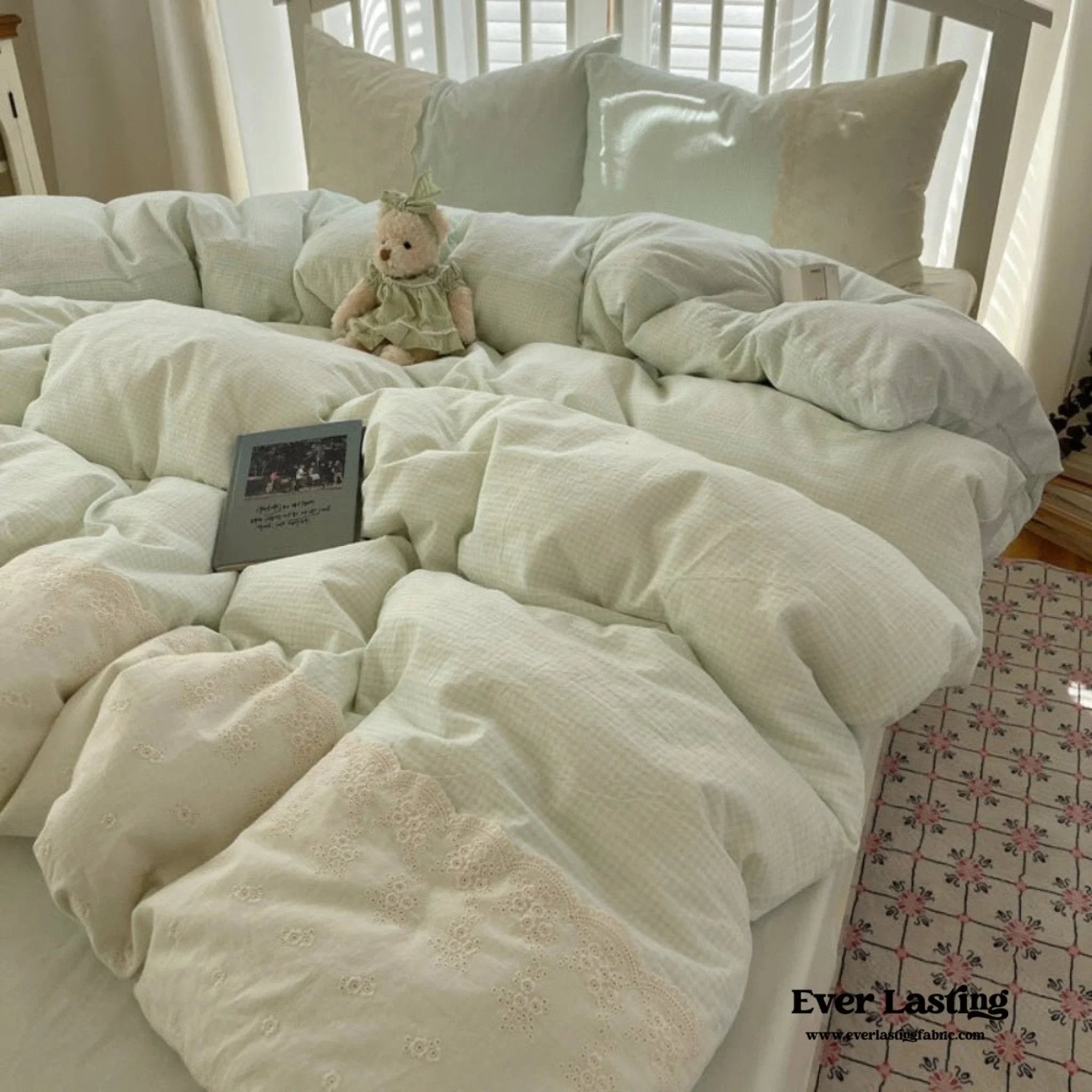 Sophia Gingham Lace Washed Cotton Bedding Set / Blue Ever Lasting