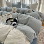 Sophia Gingham Lace Washed Cotton Bedding Set / Blue Ever Lasting