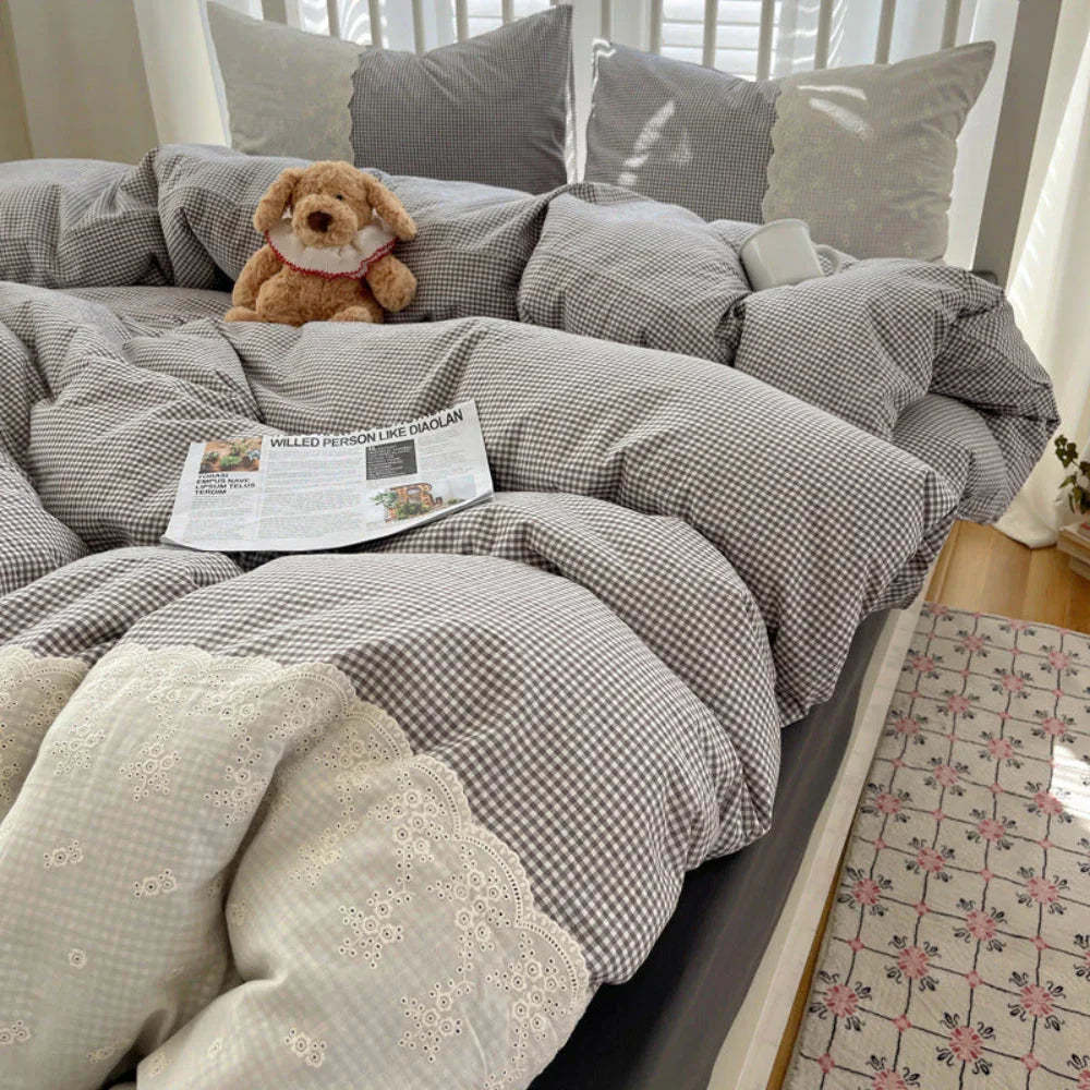 Sophia Gingham Lace Washed Cotton Bedding Set / Blue Ever Lasting