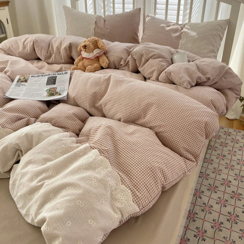 Sophia Gingham Lace Washed Cotton Bedding Set / Blue Ever Lasting