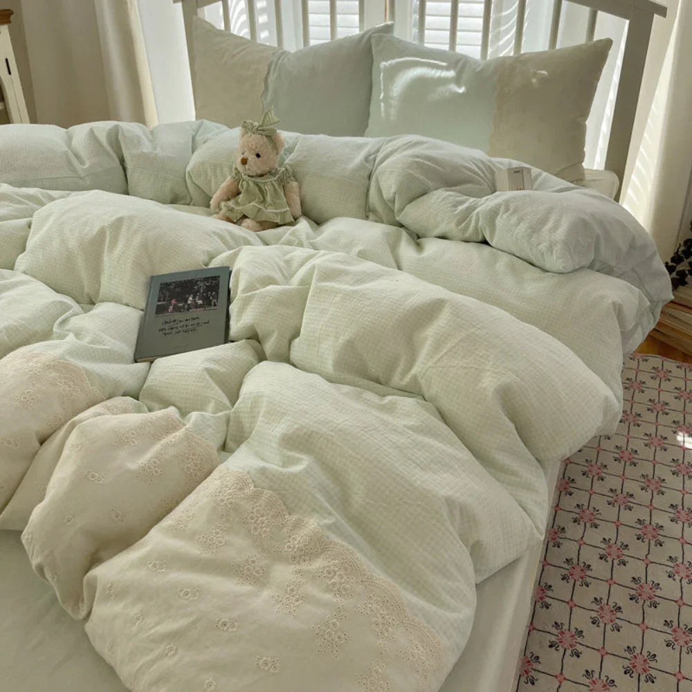 Sophia Gingham Lace Washed Cotton Bedding Set / Light Green Ever Lasting