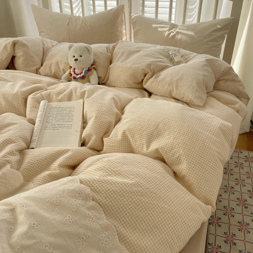 Sophia Gingham Lace Washed Cotton Bedding Set / Light Green Ever Lasting