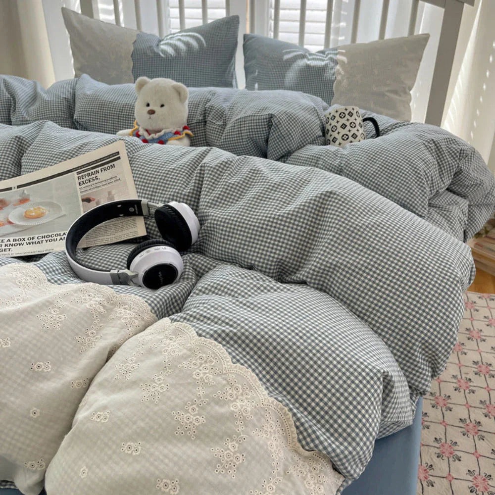 Sophia Gingham Lace Washed Cotton Bedding Set / Light Green Ever Lasting