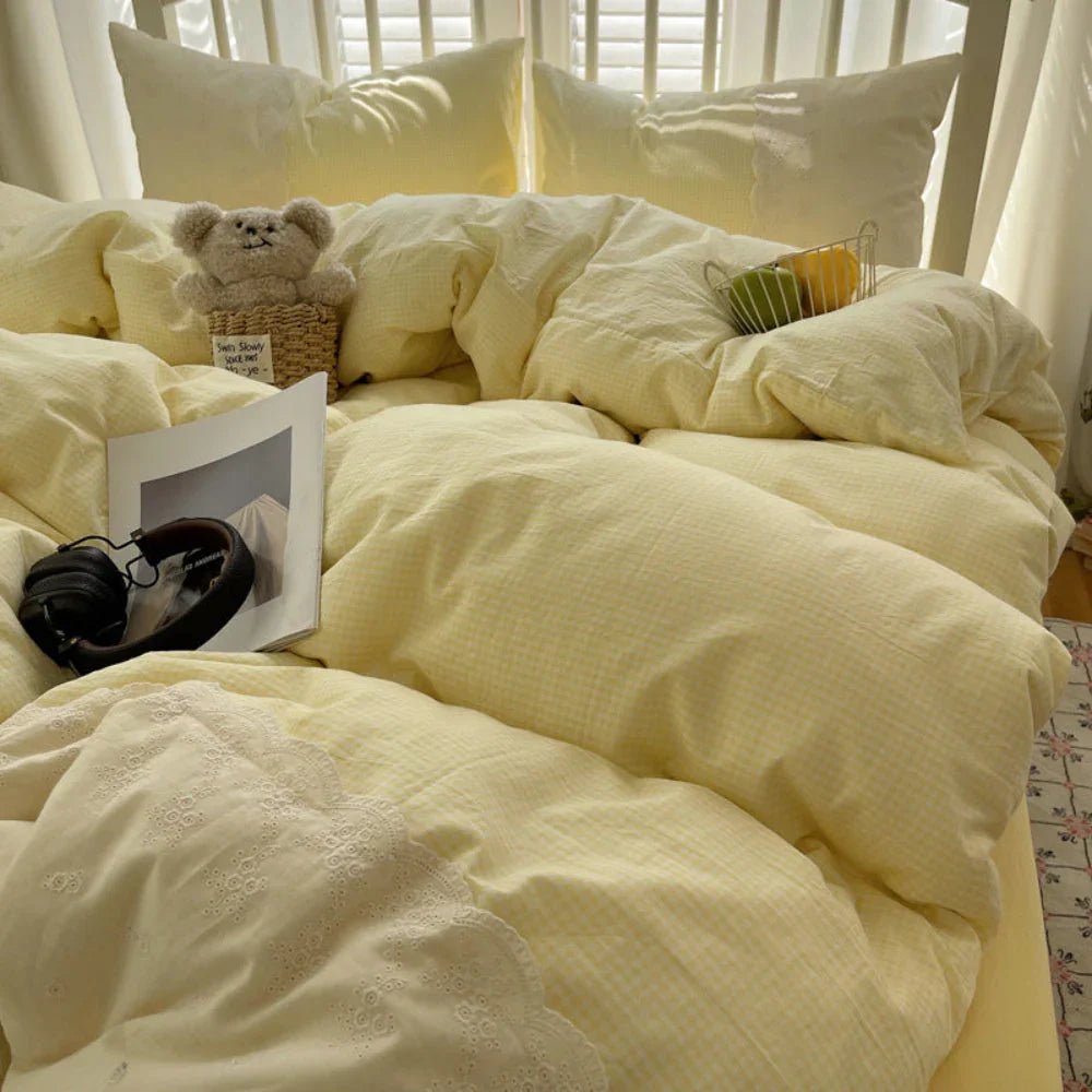 Sophia Gingham Lace Washed Cotton Bedding Set / Light Green Ever Lasting