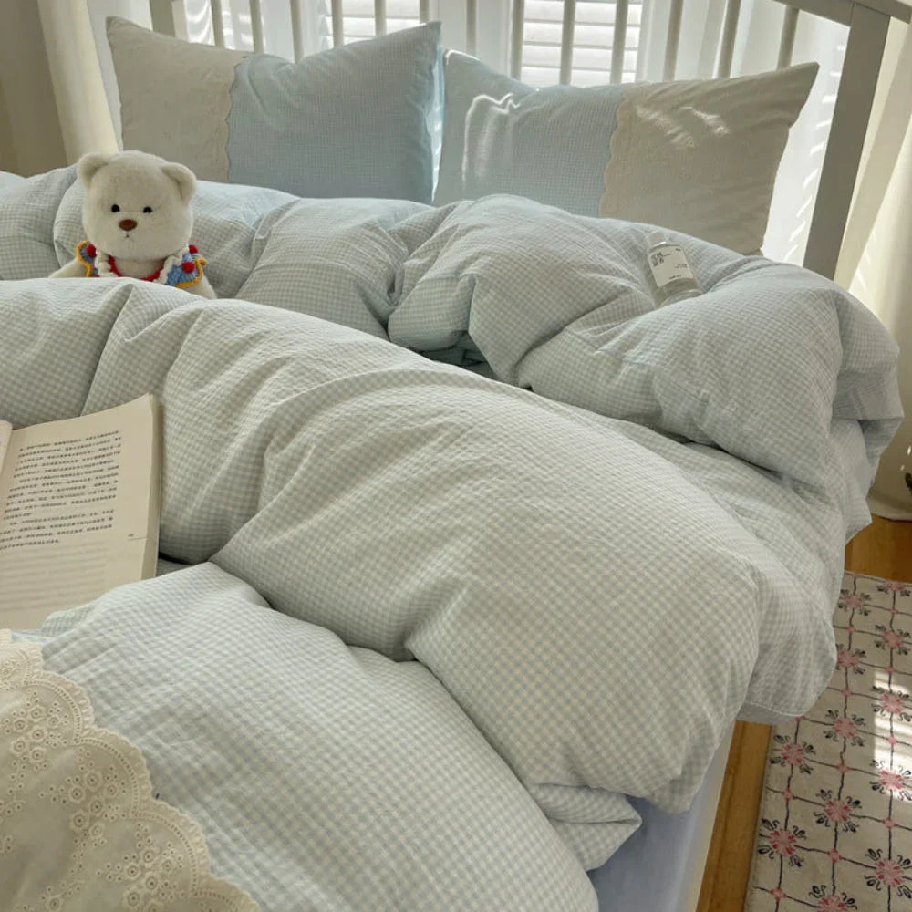 Sophia Gingham Lace Washed Cotton Bedding Set / Light Green Ever Lasting