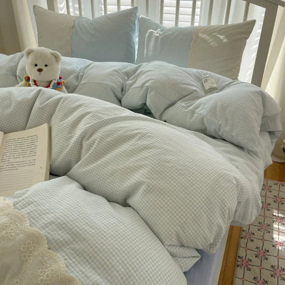 Sophia Gingham Lace Washed Cotton Bedding Set / Ocean Blue Ever Lasting