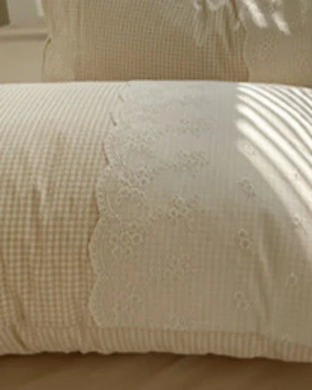 Sophia Gingham Lace Washed Cotton Bedding Set / Ocean Blue Ever Lasting