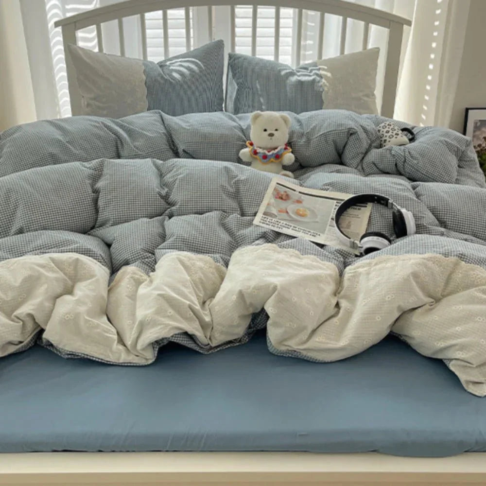 Sophia Gingham Lace Washed Cotton Bedding Set / Ocean Blue Ever Lasting