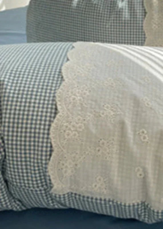 Sophia Gingham Lace Washed Cotton Bedding Set / Ocean Blue Ever Lasting
