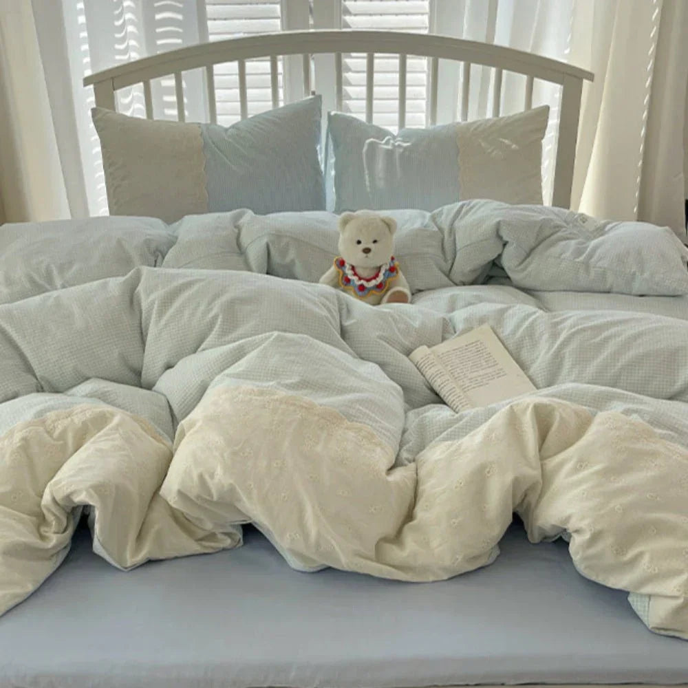 Sophia Gingham Lace Washed Cotton Bedding Set / Ocean Blue Ever Lasting