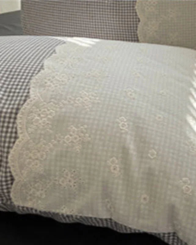 Sophia Gingham Lace Washed Cotton Bedding Set / Ocean Blue Ever Lasting