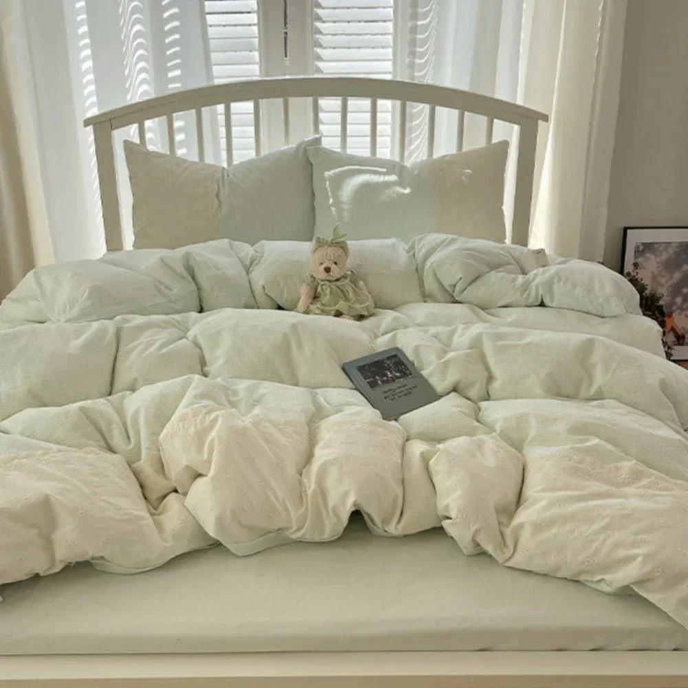 Sophia Gingham Lace Washed Cotton Bedding Set / Ocean Blue Ever Lasting