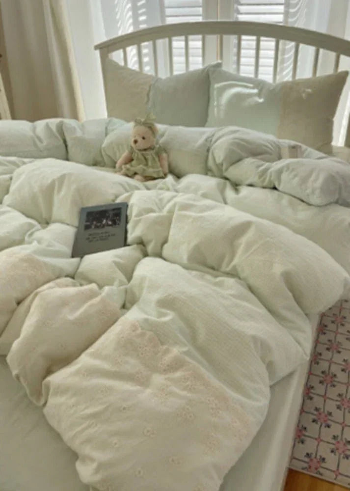 Sophia Gingham Lace Washed Cotton Bedding Set / Ocean Blue Ever Lasting