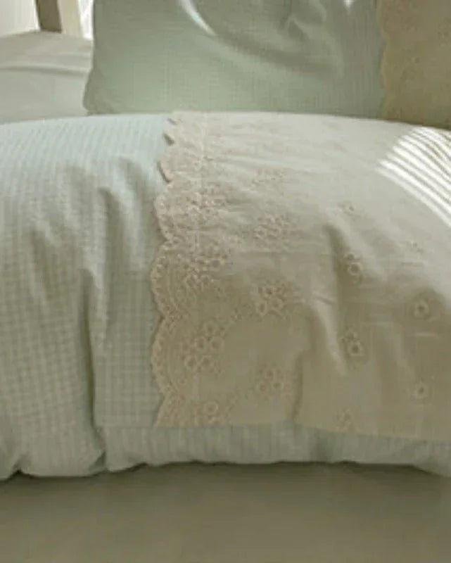 Sophia Gingham Lace Washed Cotton Bedding Set / Ocean Blue Ever Lasting