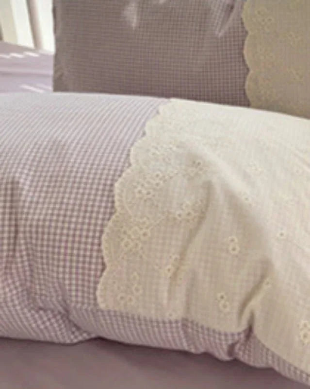 Sophia Gingham Lace Washed Cotton Bedding Set / Ocean Blue Ever Lasting