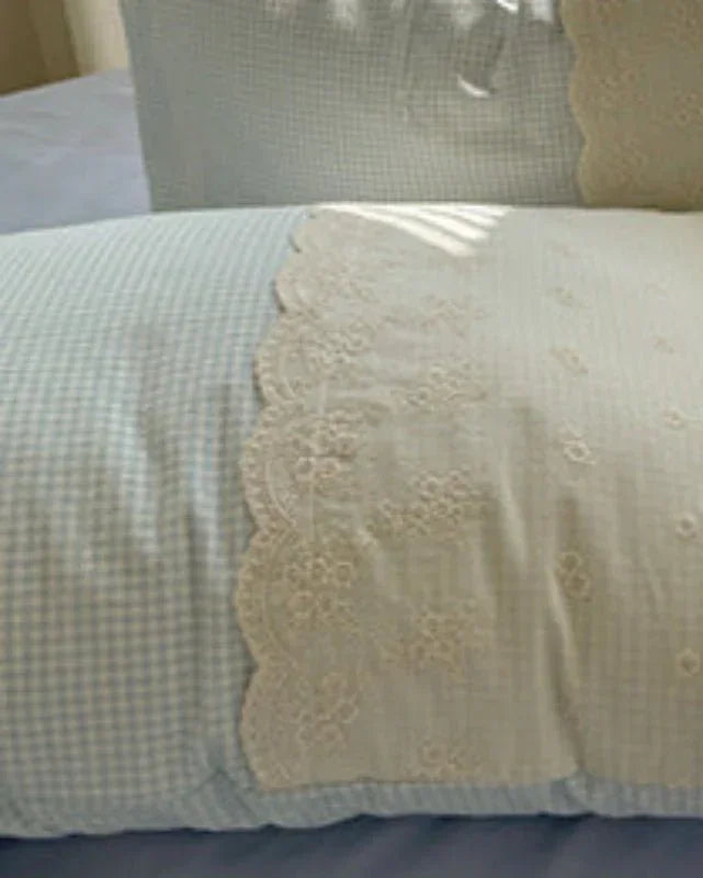 Sophia Gingham Lace Washed Cotton Bedding Set / Ocean Blue Ever Lasting
