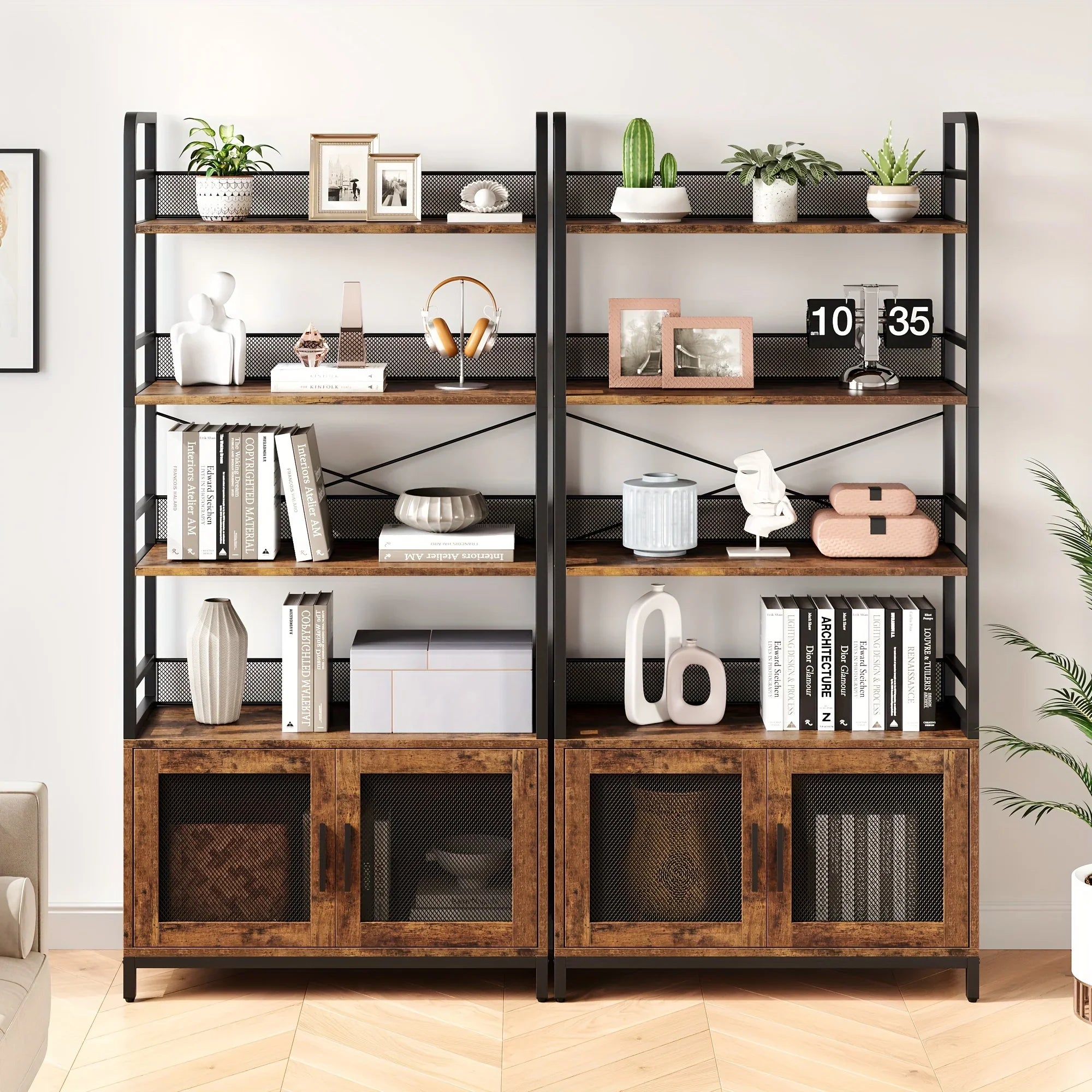 Spacious Rustic Industrial Bookshelf with Doors - Farmhouse Charm Metal Frame, 4-Tier Display Rack in Brown with Open Shelves & Cabinet Storage for Living Room, Bedroom, Home Office - Easy Assembly, Bookshelf Decorations House Of Avana