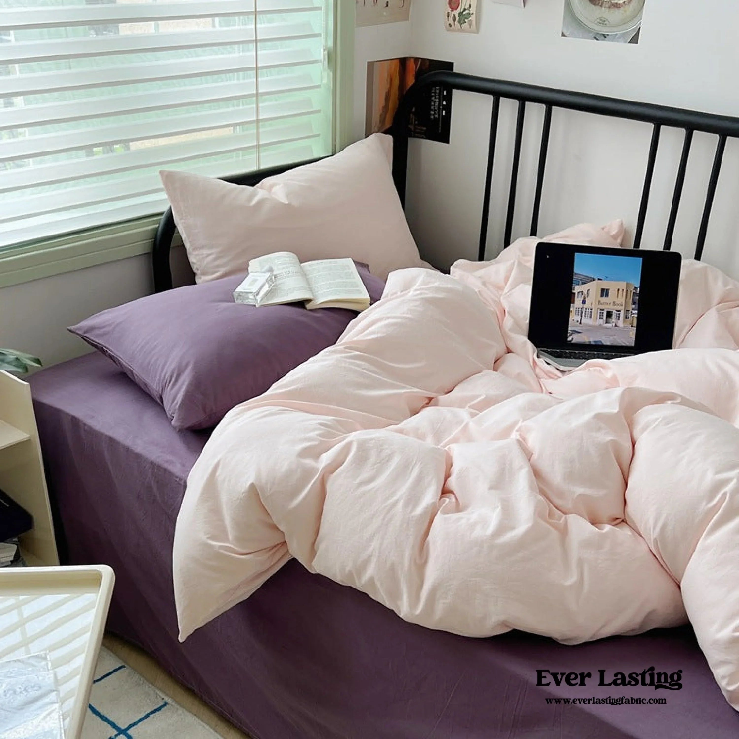 Spring Mixed Washed Cotton Bedding Set / Green + Barbie Pink Ever Lasting