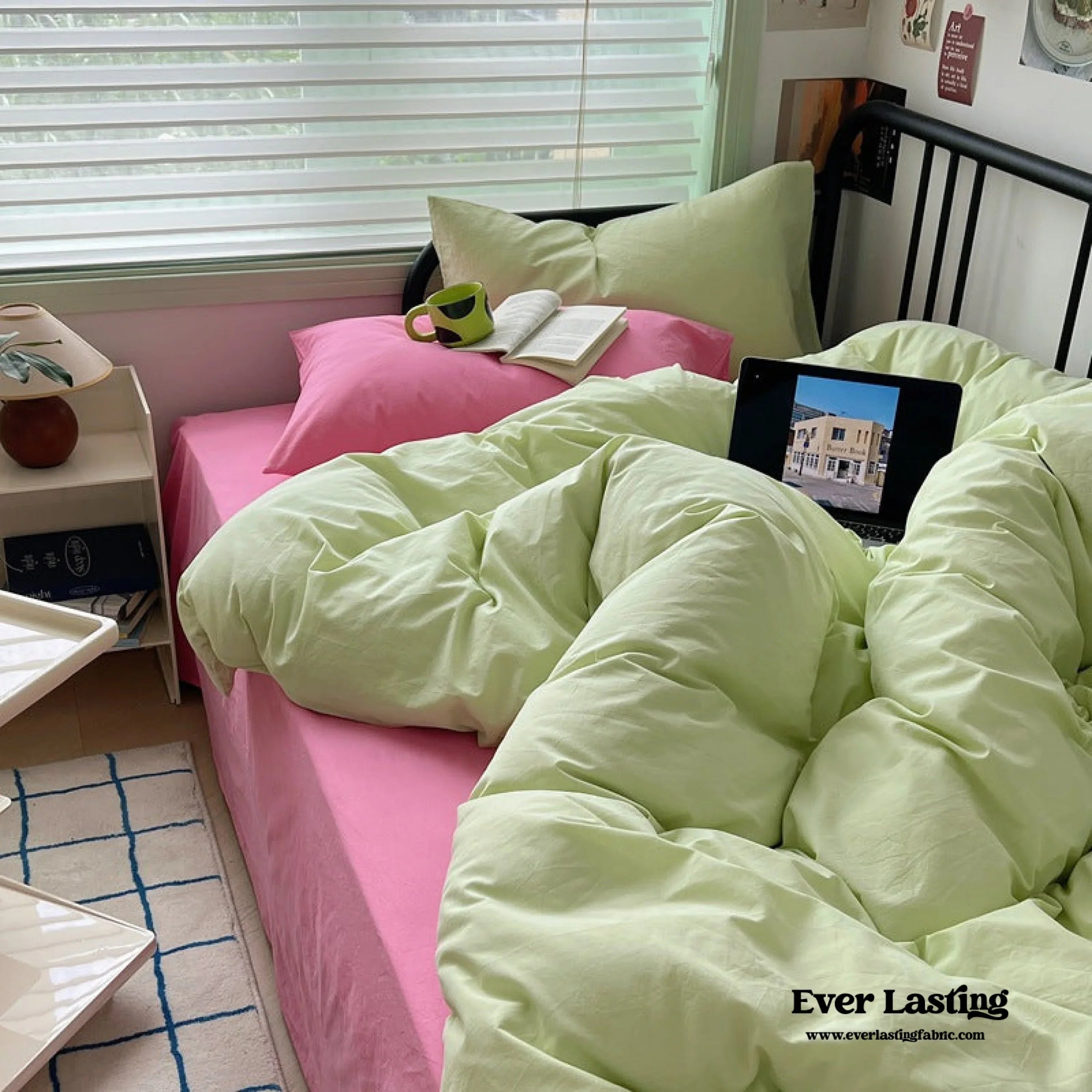 Spring Mixed Washed Cotton Bedding Set / Green + Barbie Pink Ever Lasting