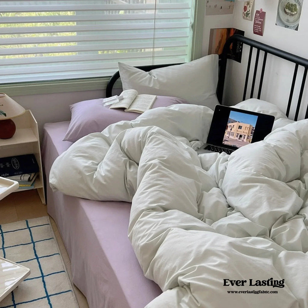 Spring Mixed Washed Cotton Bedding Set / White + Purple Ever Lasting