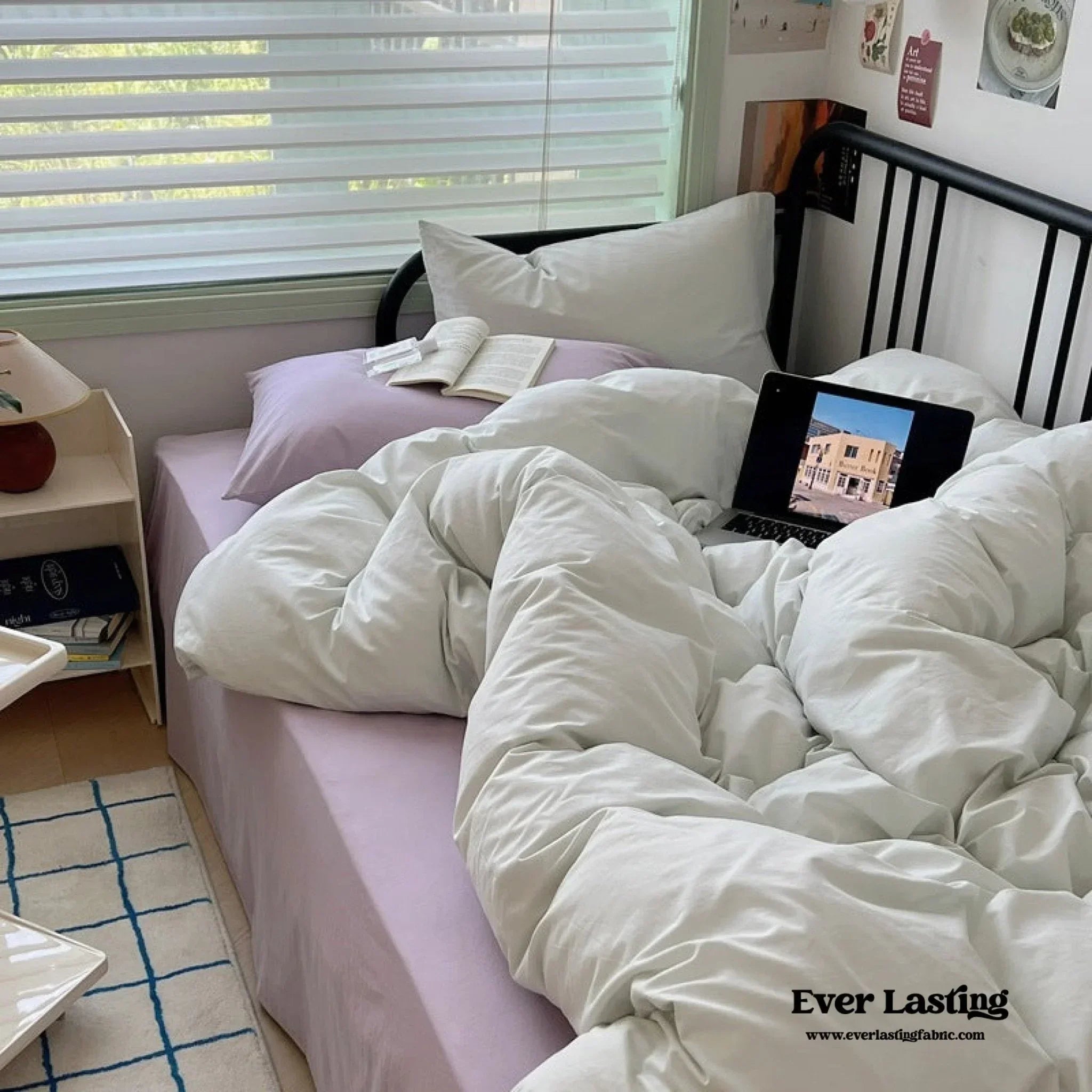Spring Mixed Washed Cotton Bedding Set / White + Purple Ever Lasting