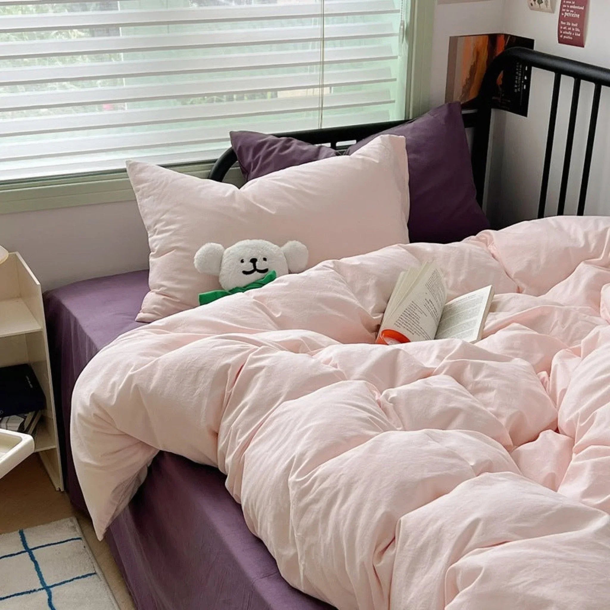 Spring Mixed Washed Cotton Bedding Set / White + Purple Ever Lasting