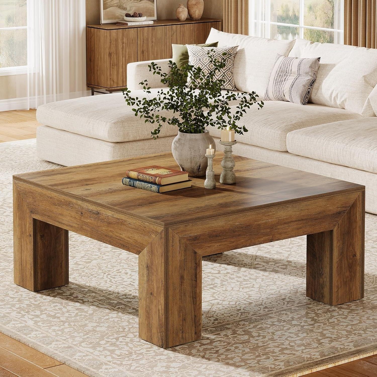 39.4-Inch Square Coffee Table For Living Room, Farmhouse All MDF Accent Center Cocktail Table With Sturdy Wooden Legs, Easy Assembly, Rustic Brown House Of Avana
