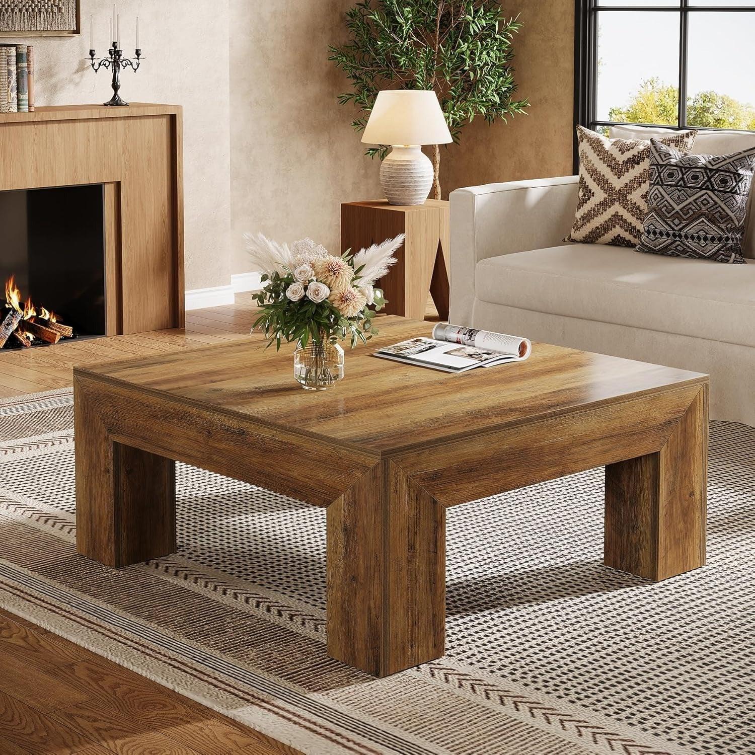 39.4-Inch Square Coffee Table For Living Room, Farmhouse All MDF Accent Center Cocktail Table With Sturdy Wooden Legs, Easy Assembly, Rustic Brown House Of Avana