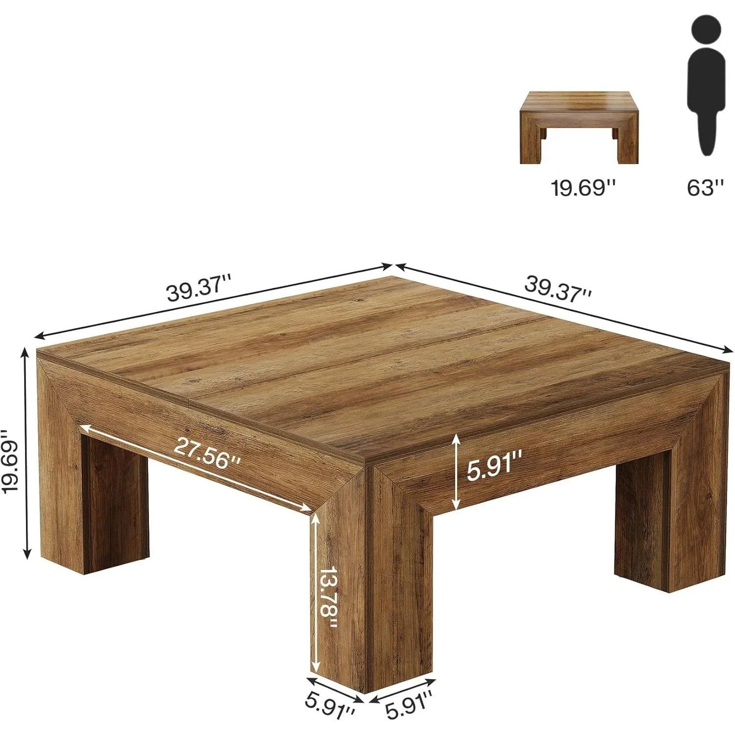 39.4-Inch Square Coffee Table For Living Room, Farmhouse All MDF Accent Center Cocktail Table With Sturdy Wooden Legs, Easy Assembly, Rustic Brown House Of Avana