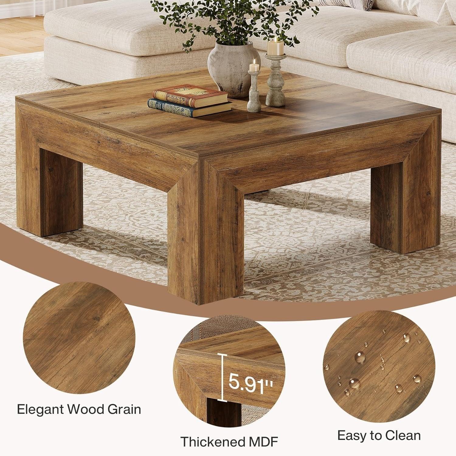 39.4-Inch Square Coffee Table For Living Room, Farmhouse All MDF Accent Center Cocktail Table With Sturdy Wooden Legs, Easy Assembly, Rustic Brown House Of Avana