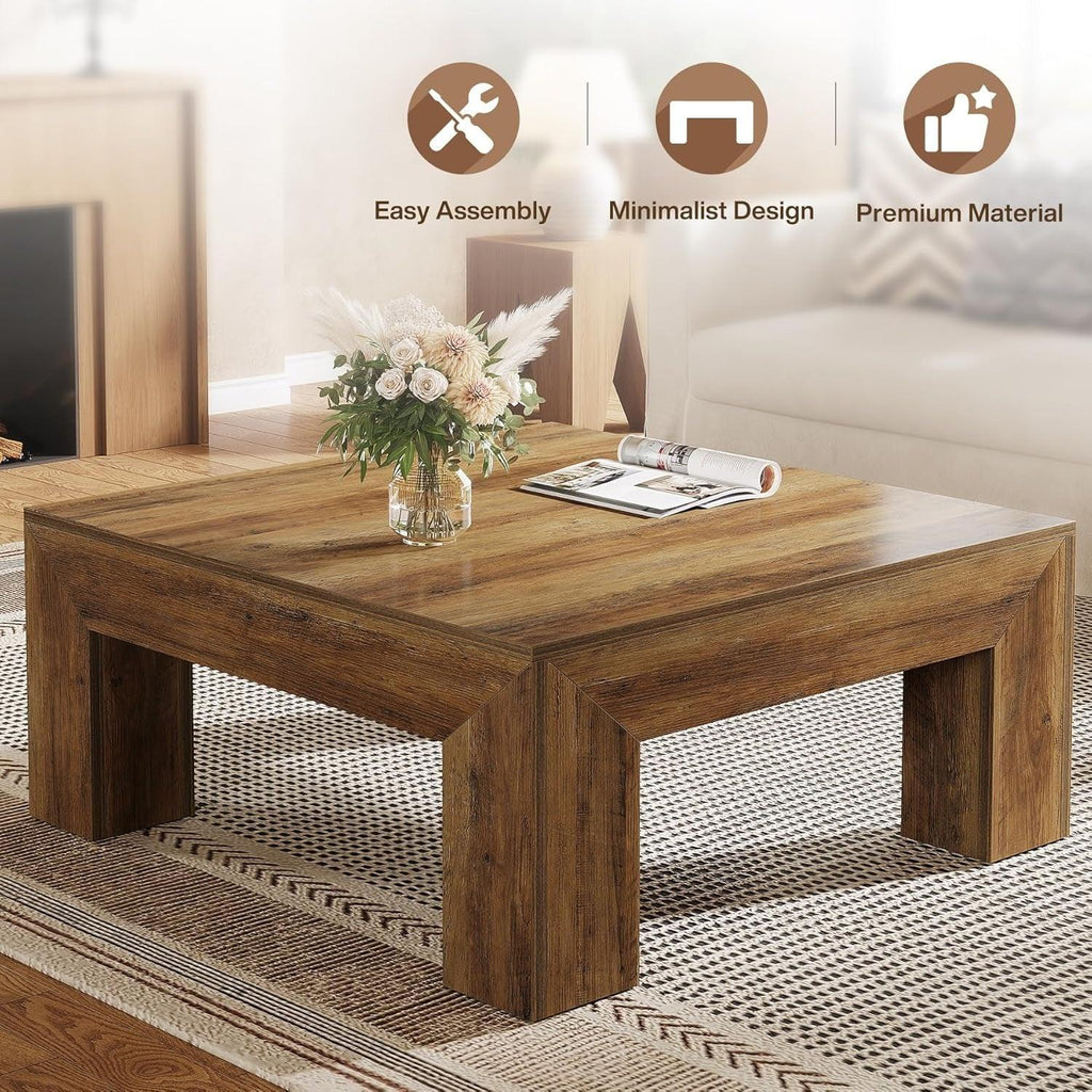 39.4-Inch Square Coffee Table For Living Room, Farmhouse All MDF Accent Center Cocktail Table With Sturdy Wooden Legs, Easy Assembly, Rustic Brown House Of Avana
