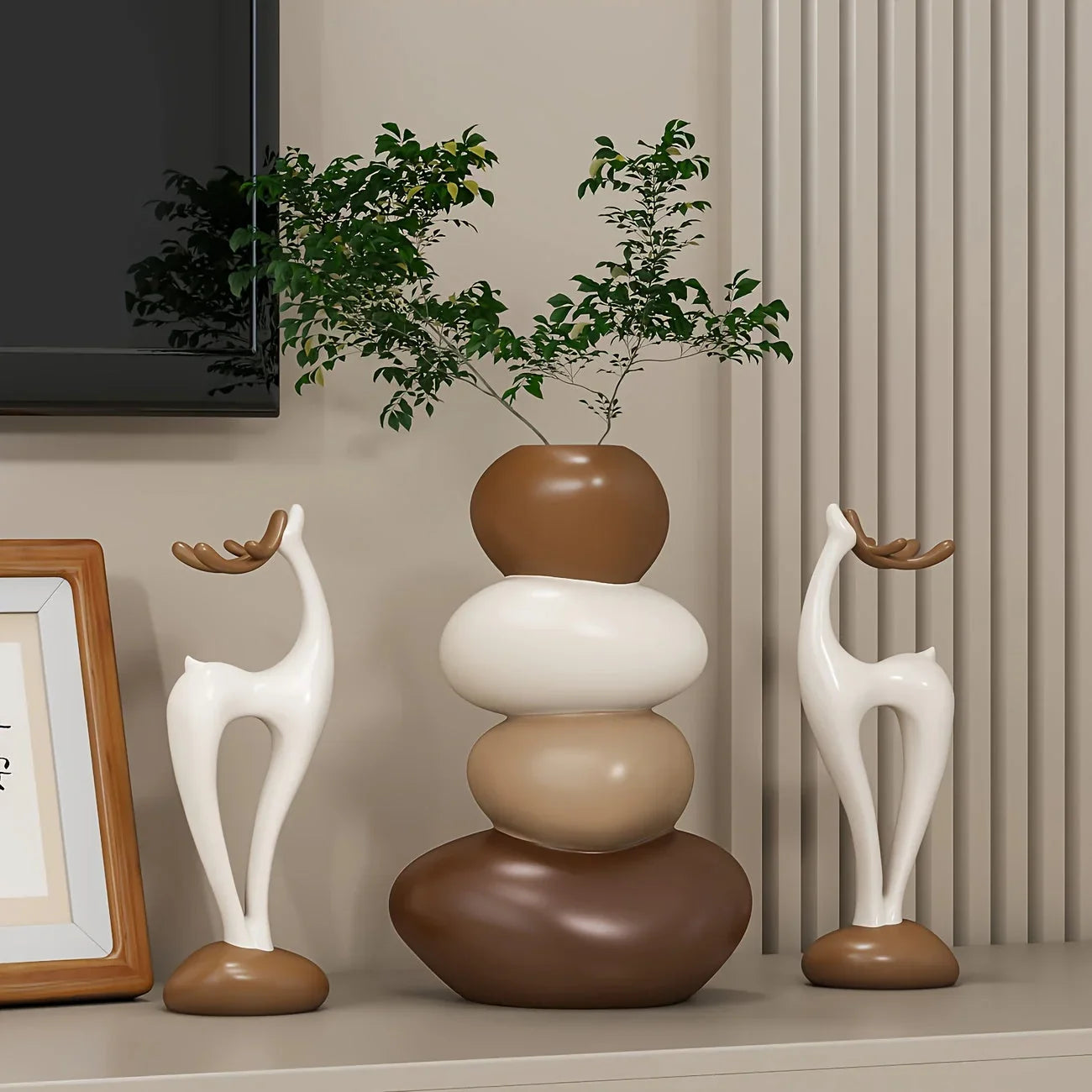 Resin stacked stone vase and deer figurine set, earthy tones, unique decor - House of Avana