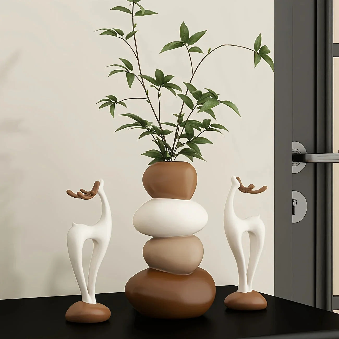 Resin stacked stone vase and deer figurine set, earthy tones, unique decor - House of Avana