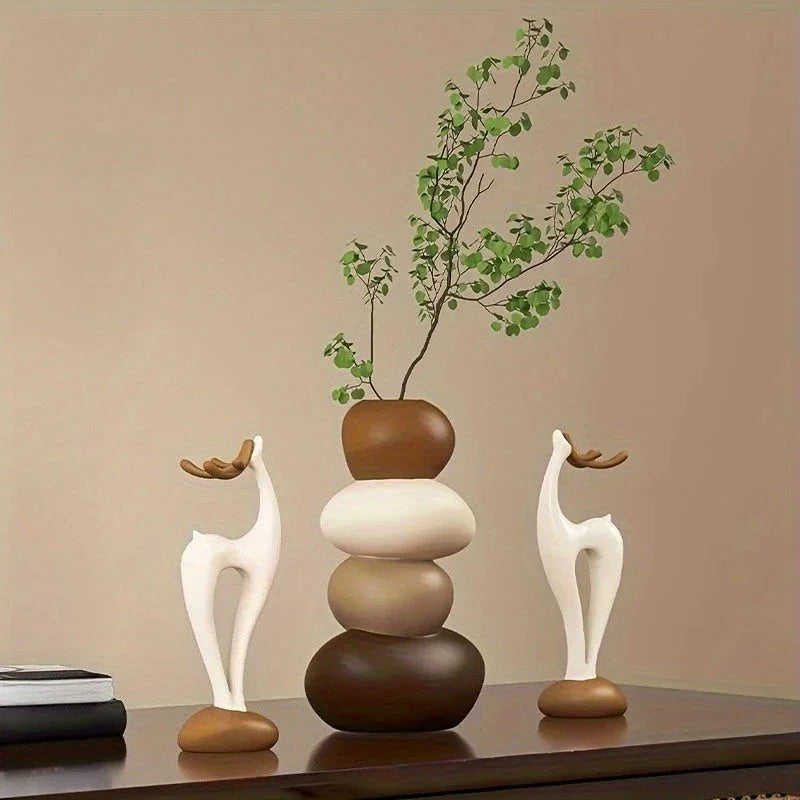 Resin stacked stone vase and deer figurine set, earthy tones, unique decor - House of Avana