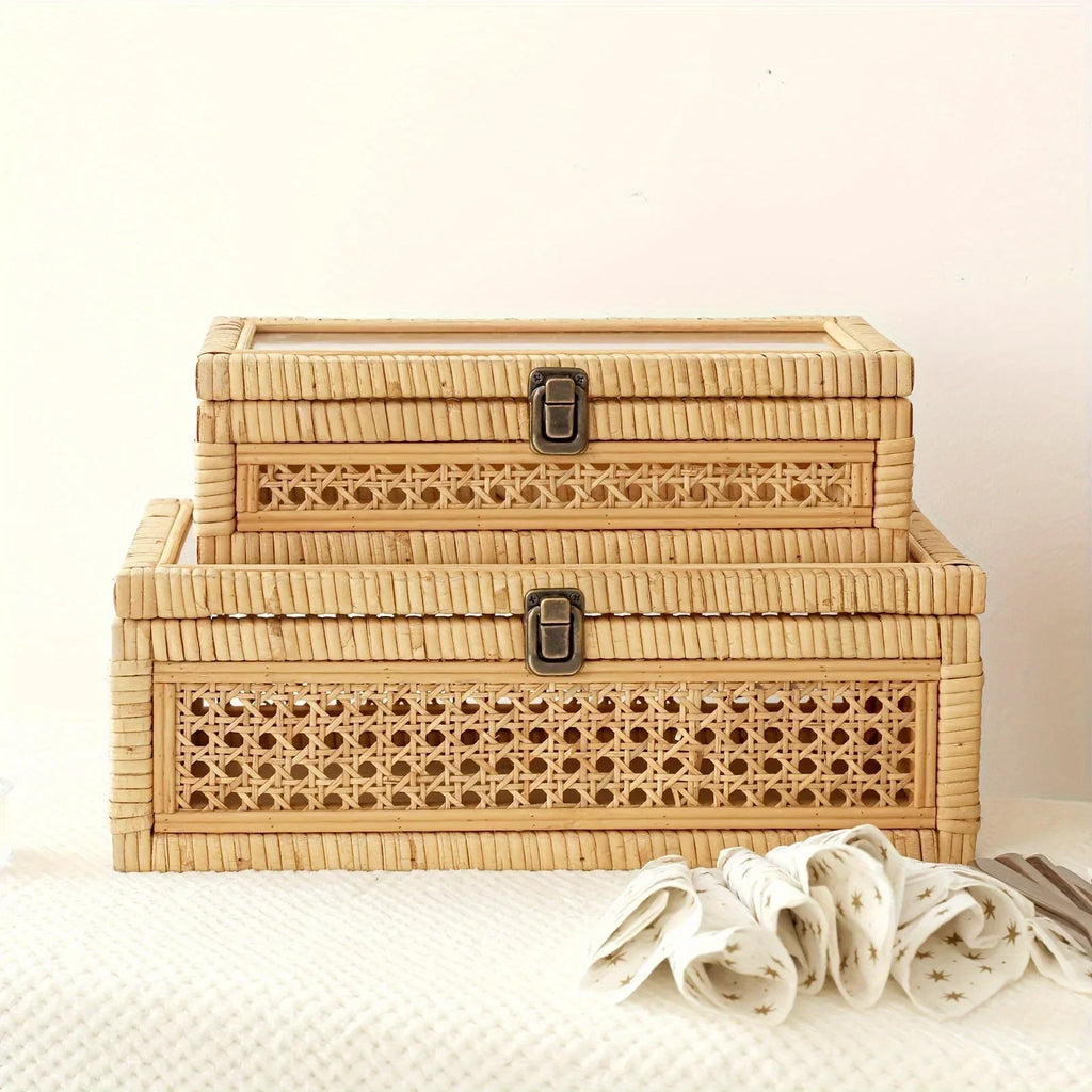 Rattan And Cane Stacking Boxes With Glass Top Lid - Set Of 2 For Boho, And Rustic Farmhouse Decor House Of Avana