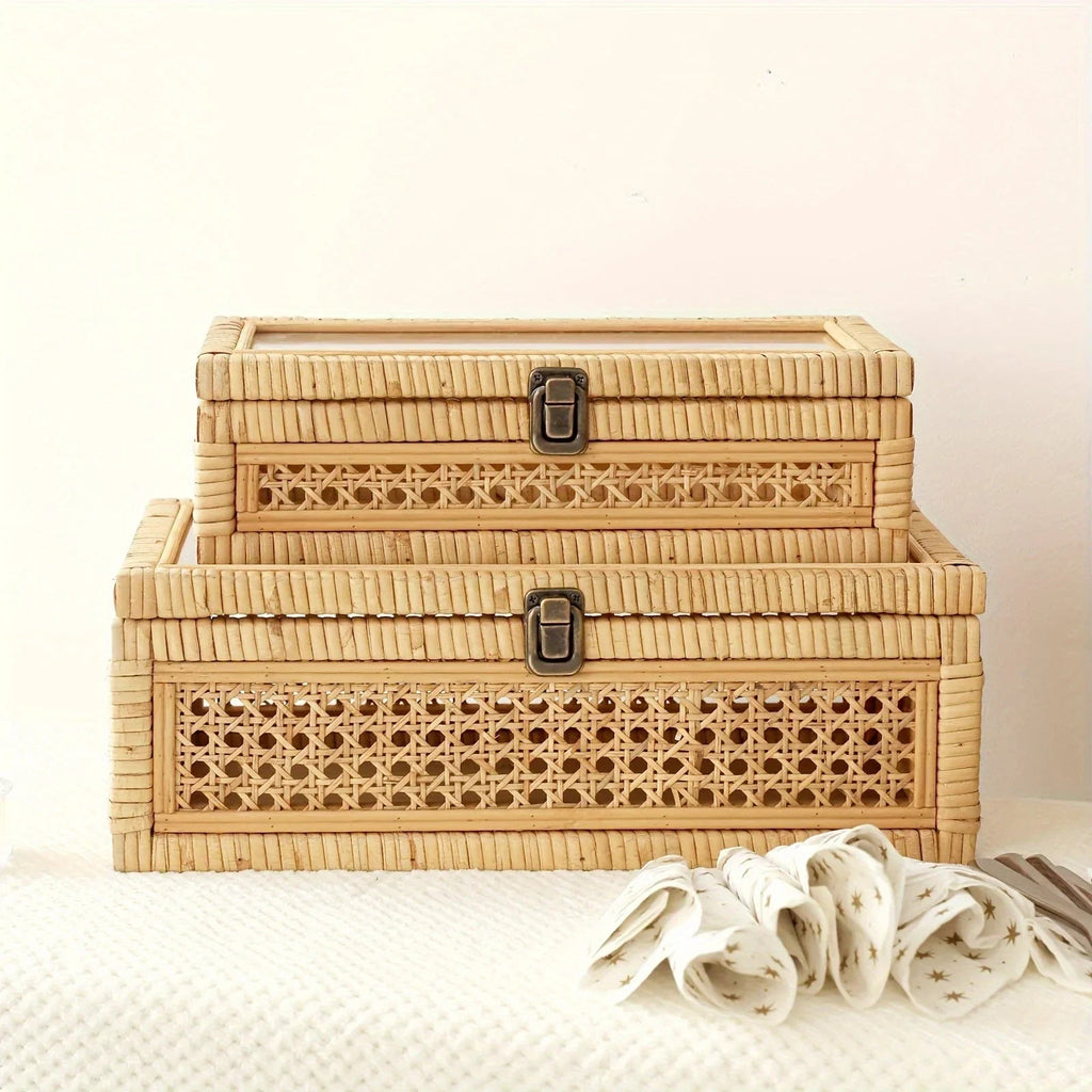 Rattan And Cane Stacking Boxes With Glass Top Lid - Set Of 2 For Boho, And Rustic Farmhouse Decor House Of Avana [[SKU:HOA-DSH-002]]